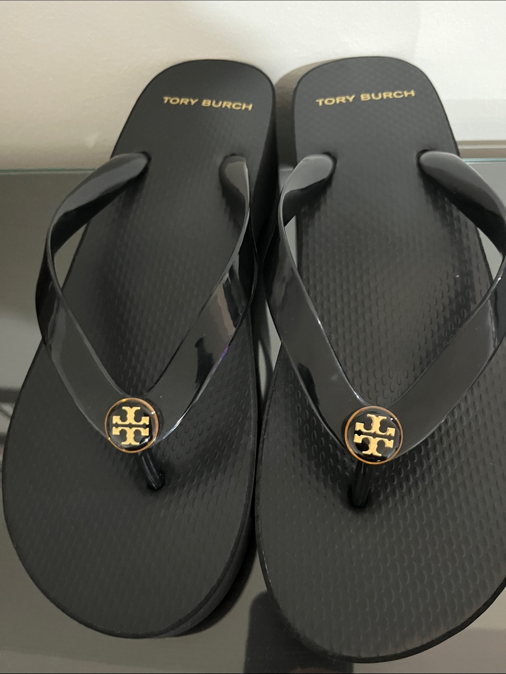 Tory Burch Black platform with Gold Logo Accent